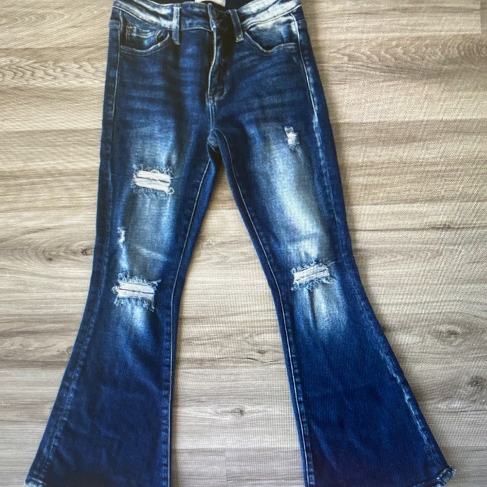 Dark Blue Distressed Flared Jeans - Women's